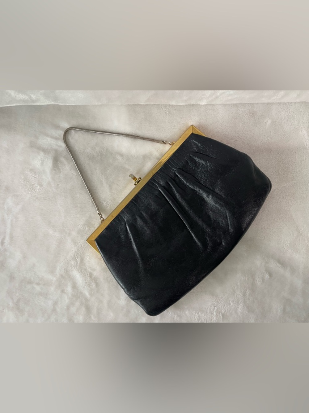 Vintage Etra Genuine leather black clutch hand bag purse gold with filigree - Picture 2 of 9
